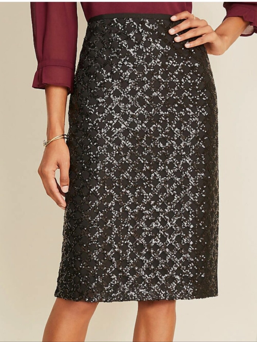 Black Sheer Tulle Overlay With Sequin Lattice Grid Design Lined Pencil Skirt 12